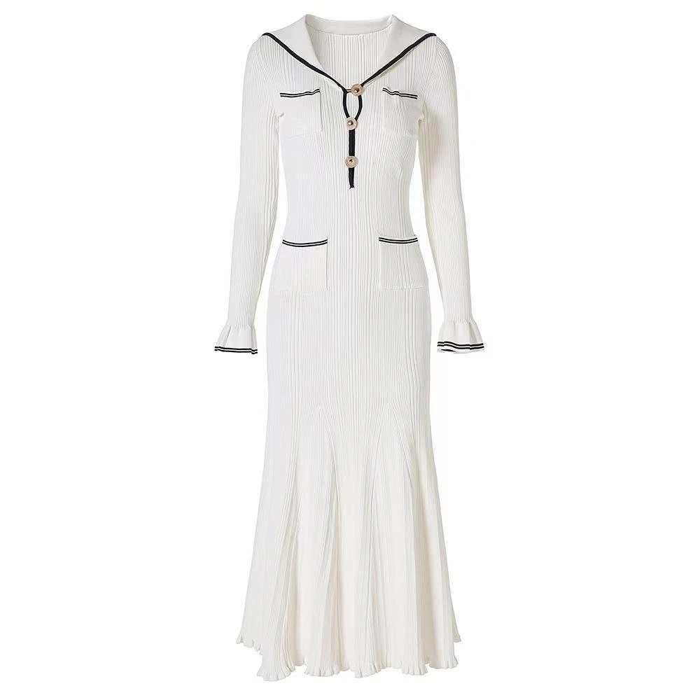 2025春夏海军领喇叭袖长款针织连衣裙纽扣黑边装饰高弹冰丝裙子女