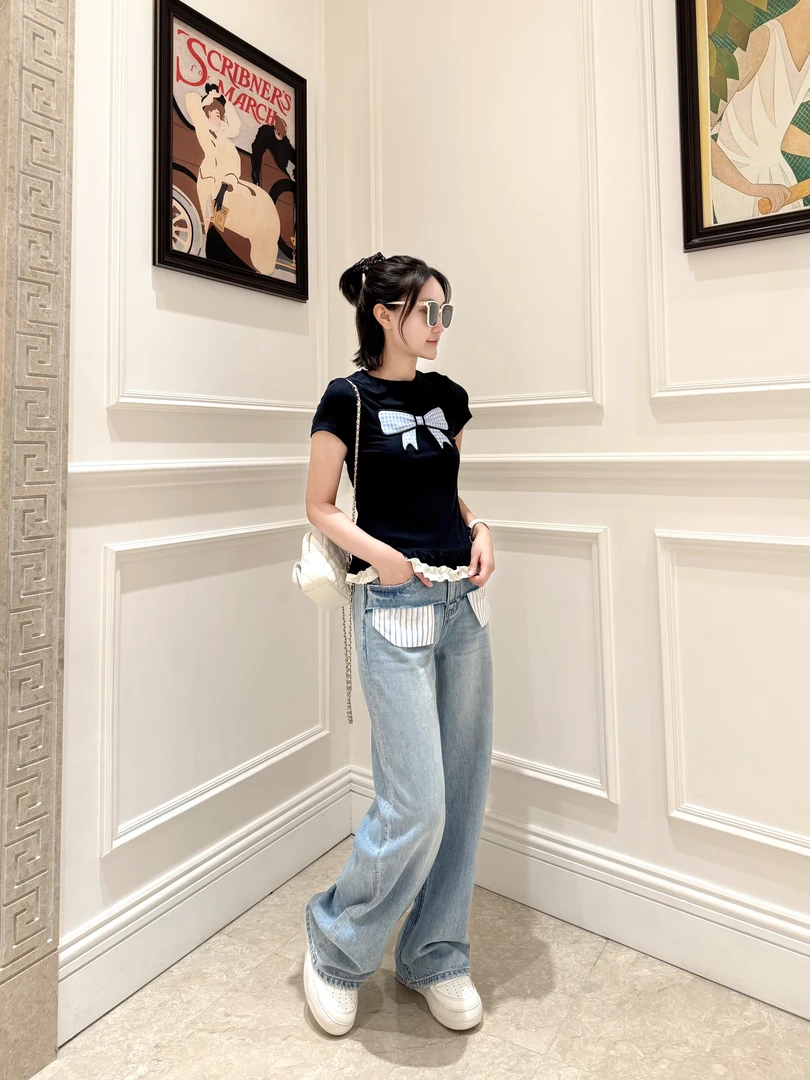 muhou25/阔腿拼接口袋翻边烫钻牛仔裤