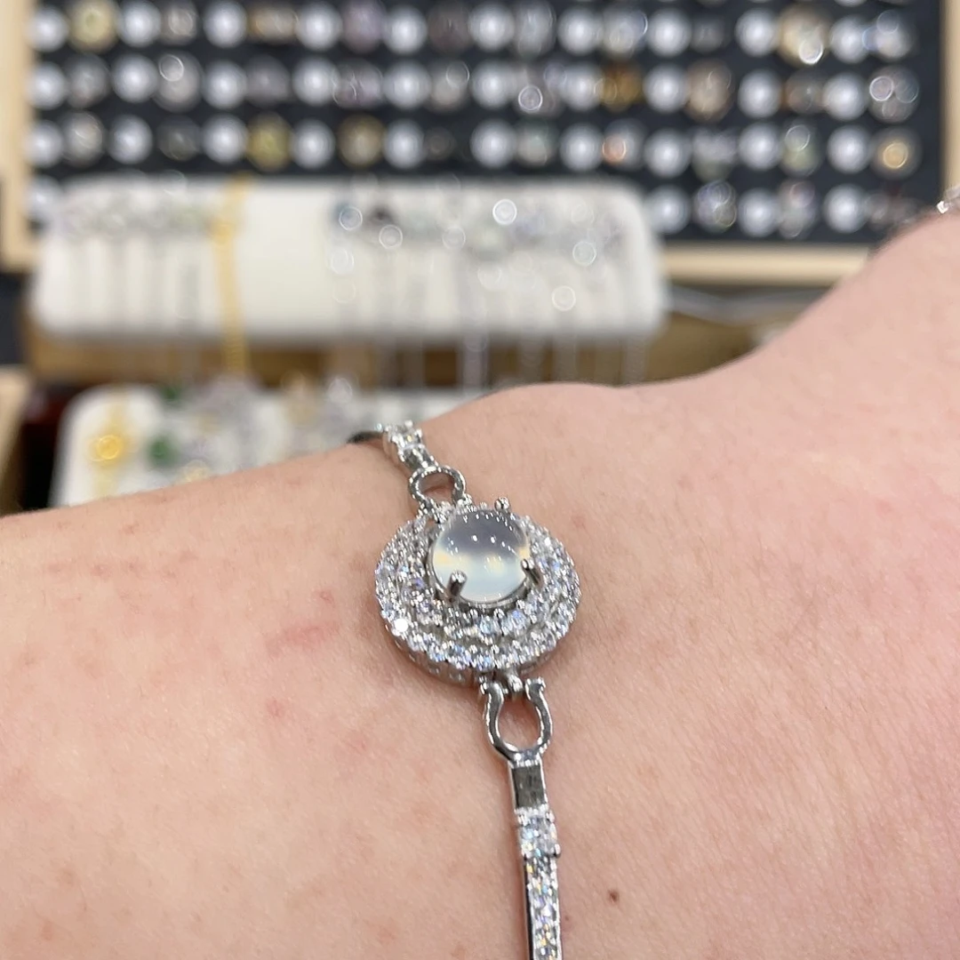 蛇纹石玉手链银S925镶嵌天****用