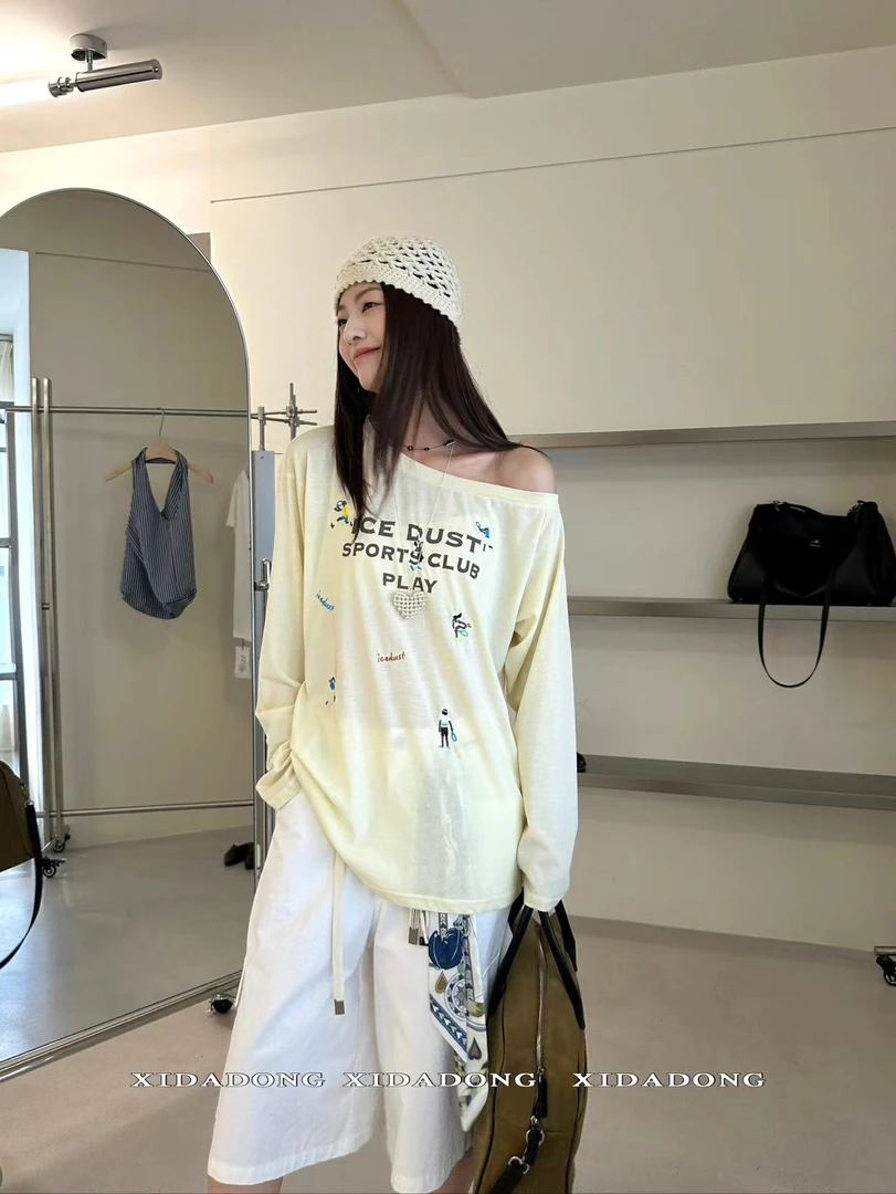 福秒-印花刺绣斜肩的！宽松日常通勤长袖T（XD11236#）喜大东