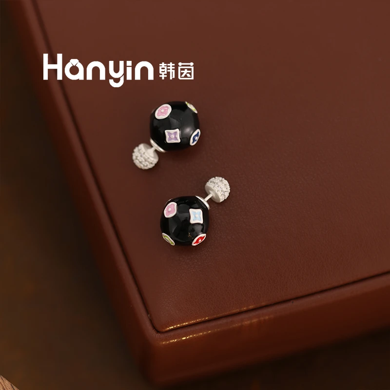 铜合金合成锆石耳饰 925银针 高定前后戴多巴胺彩绘四叶草耳钉AAA