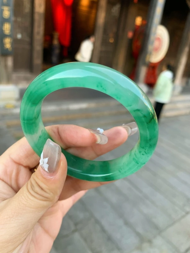 55.7/14.1/9.6满圈冰绿飘花非洲翠独龙玉手镯绿色冰透高冰宽版