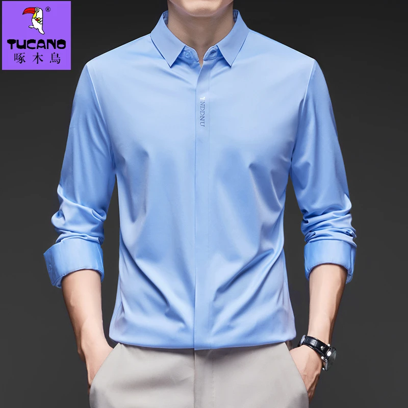 啄木鸟【高档双门襟】春季男士长袖衬衫商务休闲弹力无痕纯色衬衣