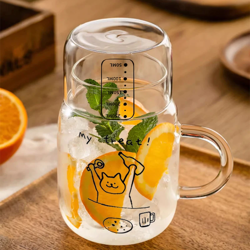 高硼硅高颜值线条猫玻璃杯印花带手柄家用喝水杯ins一人饮水壶