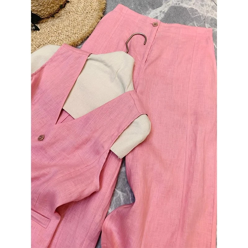 夏季女装搭配一整套洋气炸街时尚通勤粉色v领西装马甲阔腿裤套装