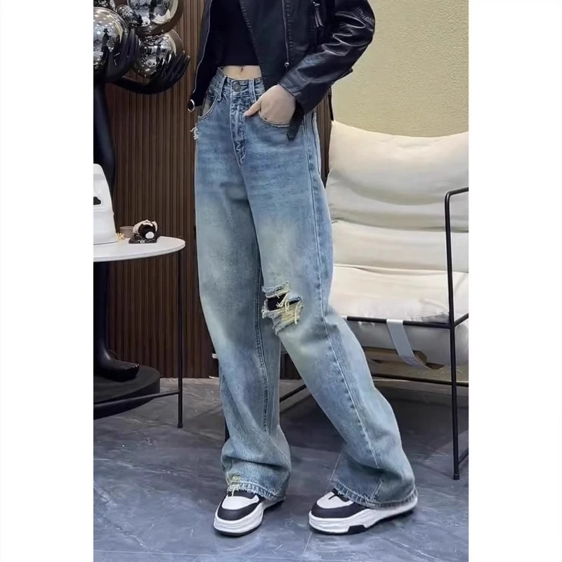 显瘦梨形身材窄版阔腿裤大码破洞牛仔裤女胖mm夏季新款宽松直筒裤