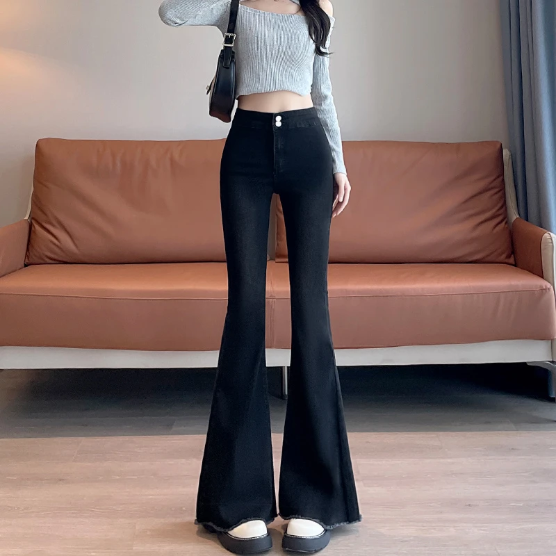 蜜蜜穿搭黑色毛边微喇牛仔裤女2025秋季高腰紧身收腹提臀喇叭裤子