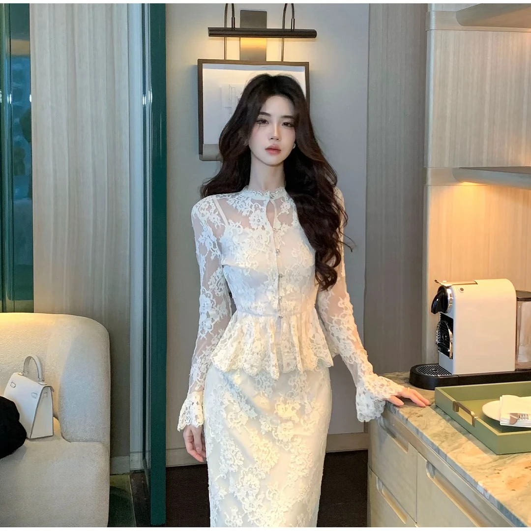 木子李的李皎月凝霜早秋优雅修身蕾丝套装外套两件套直筒半裙