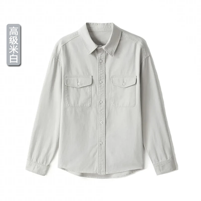 美式休闲春夏季工装衬衫纯色翻领外套薄款男士米白色时尚长袖衬衣
