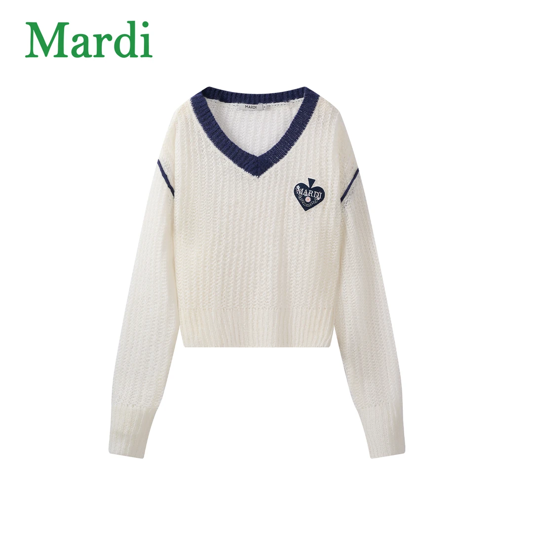 Mardi春季V领学院风徽章雏菊针织毛针织衫百搭时尚上衣MZZ2612057