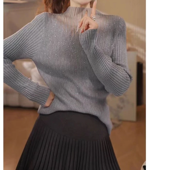 欧根纱微透烫钻半高领针织衫女士秋冬洋气别致修身显瘦百搭打底衫