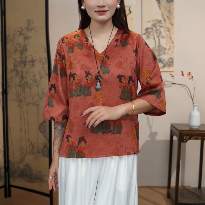 【小唐人】女装落肩袖五分袖夏季常规款时尚复古七分袖休闲凉感唐装