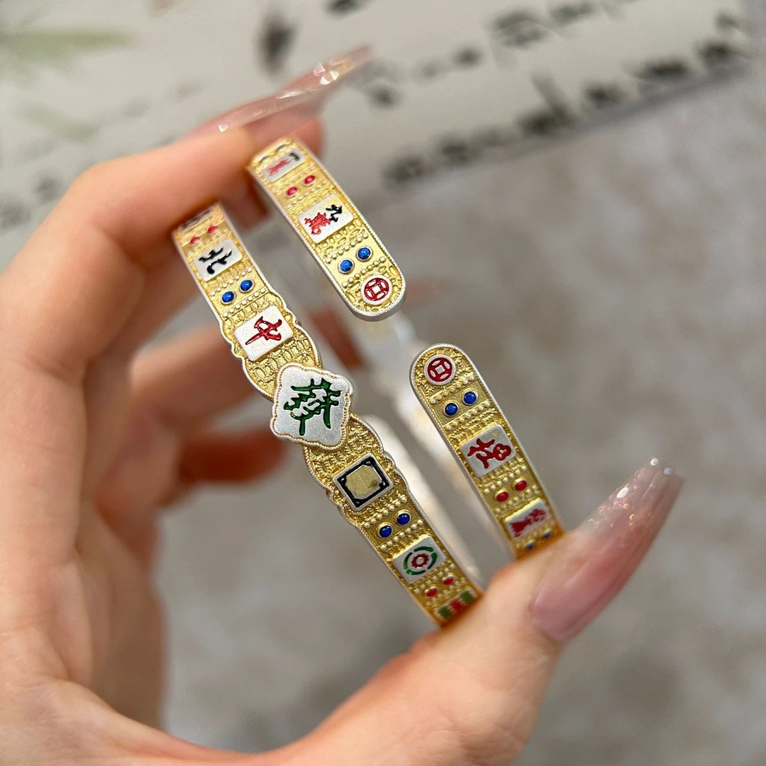 足银手镯 A62描金珐琅蝴蝶麻将情侣款实心手镯国风新中式银镯七夕