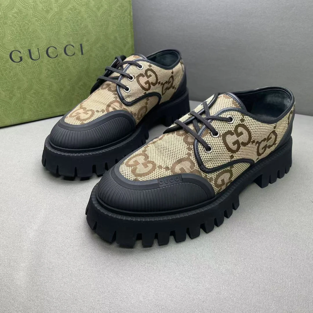 95新 GUCCI/古驰 乌木色帆布双G老花满印时尚松糕板鞋40码