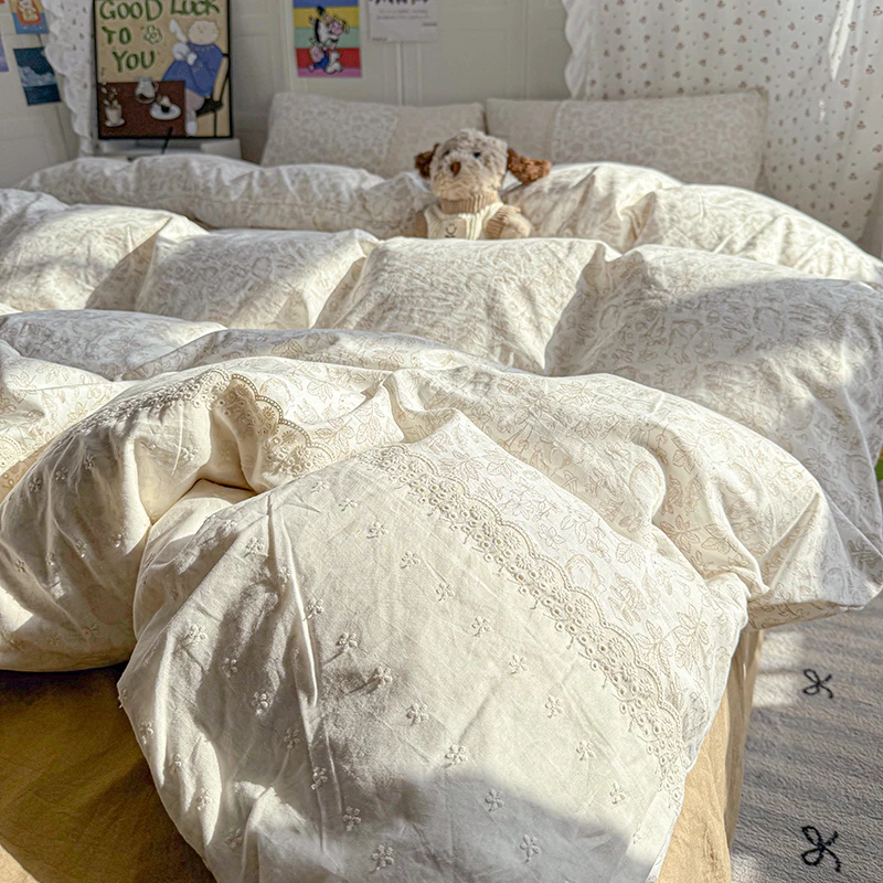 小清新水洗棉四件套蕾丝花边被套床单非全纯棉学生宿舍床上三件套