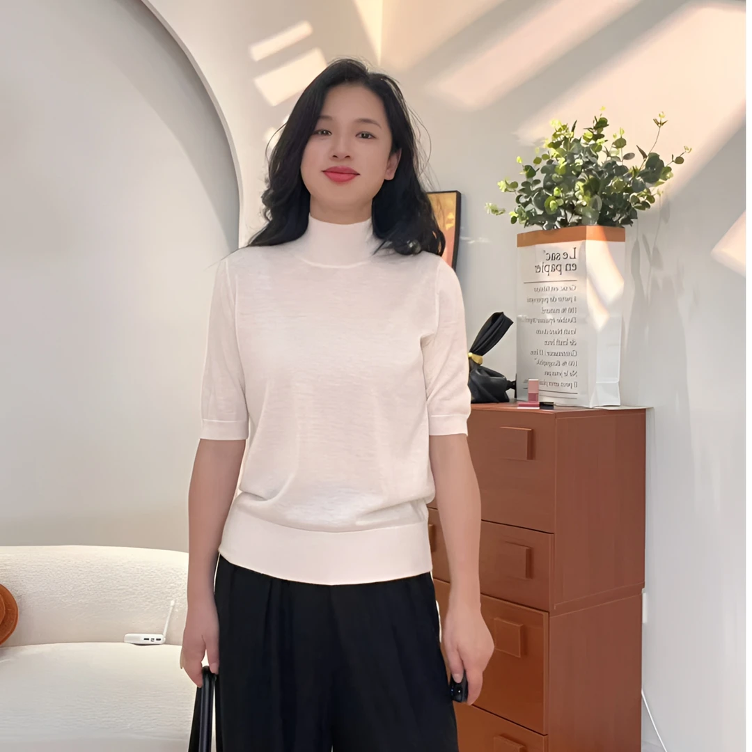 【HP轻奢】“赵L颖同款”68支精纺羊绒短袖女潮牌时尚气质针织衫y112