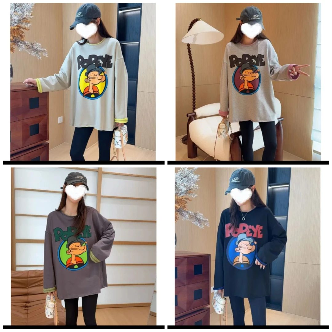 秋冬韩系ins双色毛圈撞色中长款T恤宽松休闲百搭打底衫卫衣1505