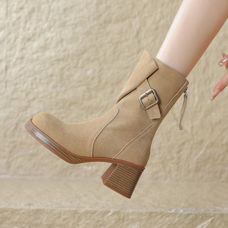 西瑞女鞋百搭时尚复古网红英伦风冬季新款粗跟高跟短靴真皮马丁靴