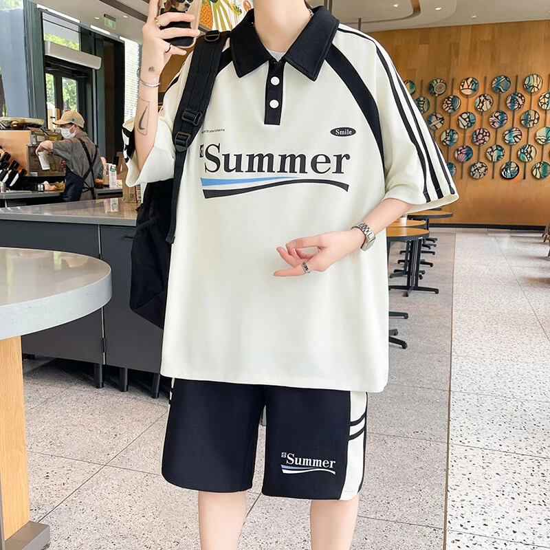 男生夏季新款翻领撞色印花短袖套装潮流宽松港风学生polo衫一套