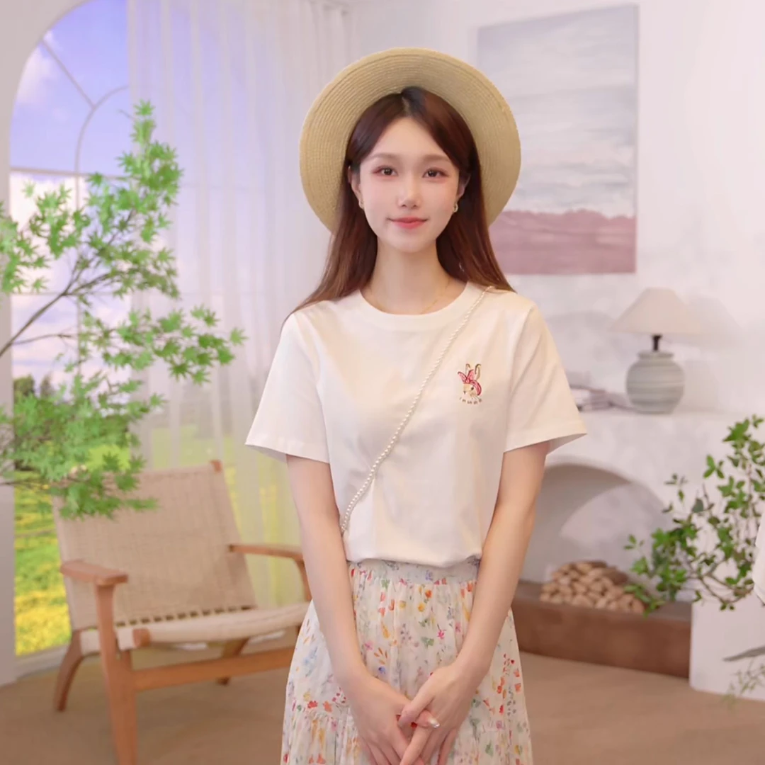 茵曼2025新款秋季时尚短袖T恤洋气甜美可爱风格衣服白色纯棉上衣