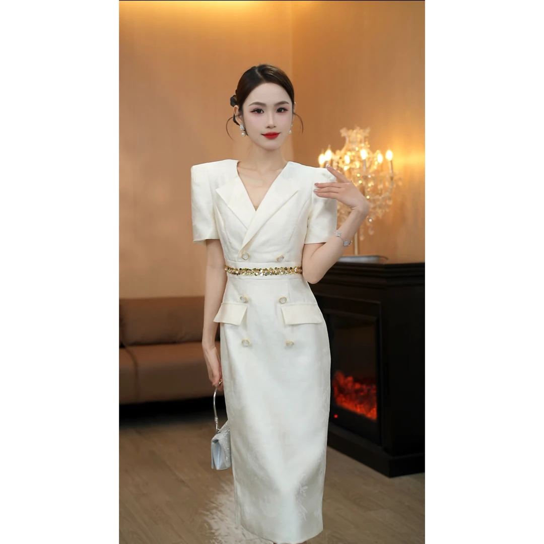 3444欧洲站西装连衣裙女高级感通勤气质镶钻v领双排扣包臀裙