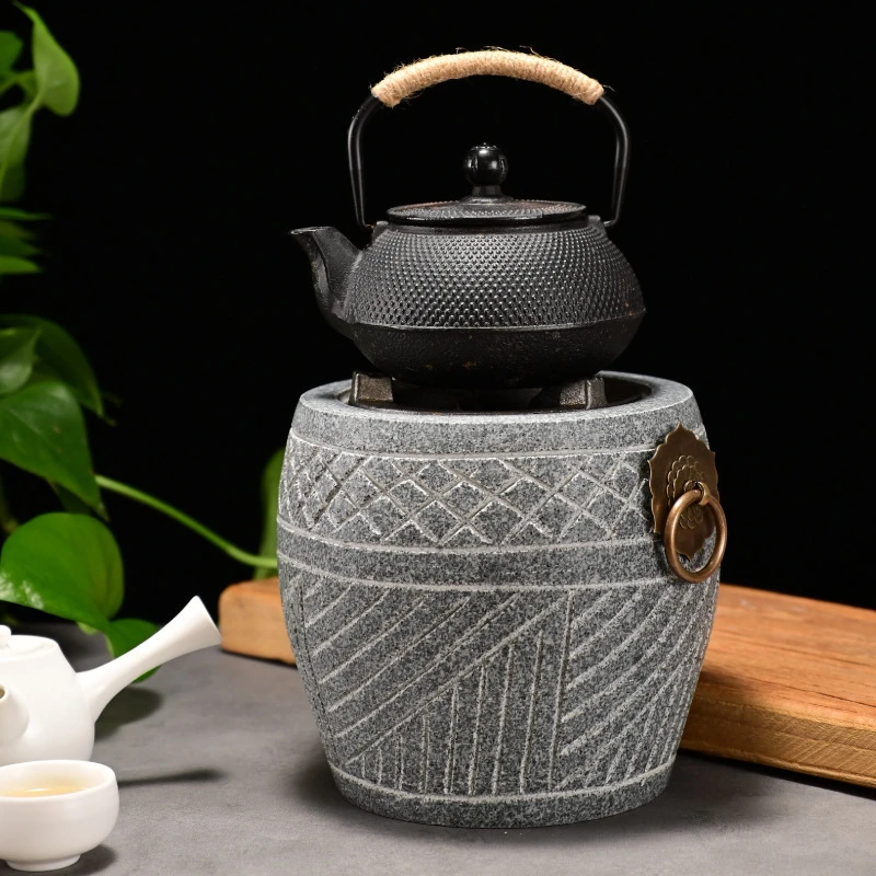 复古老石臼家用围炉铸铁烤茶盆罐罐茶炉石头电淘炉石窝碳炉青石
