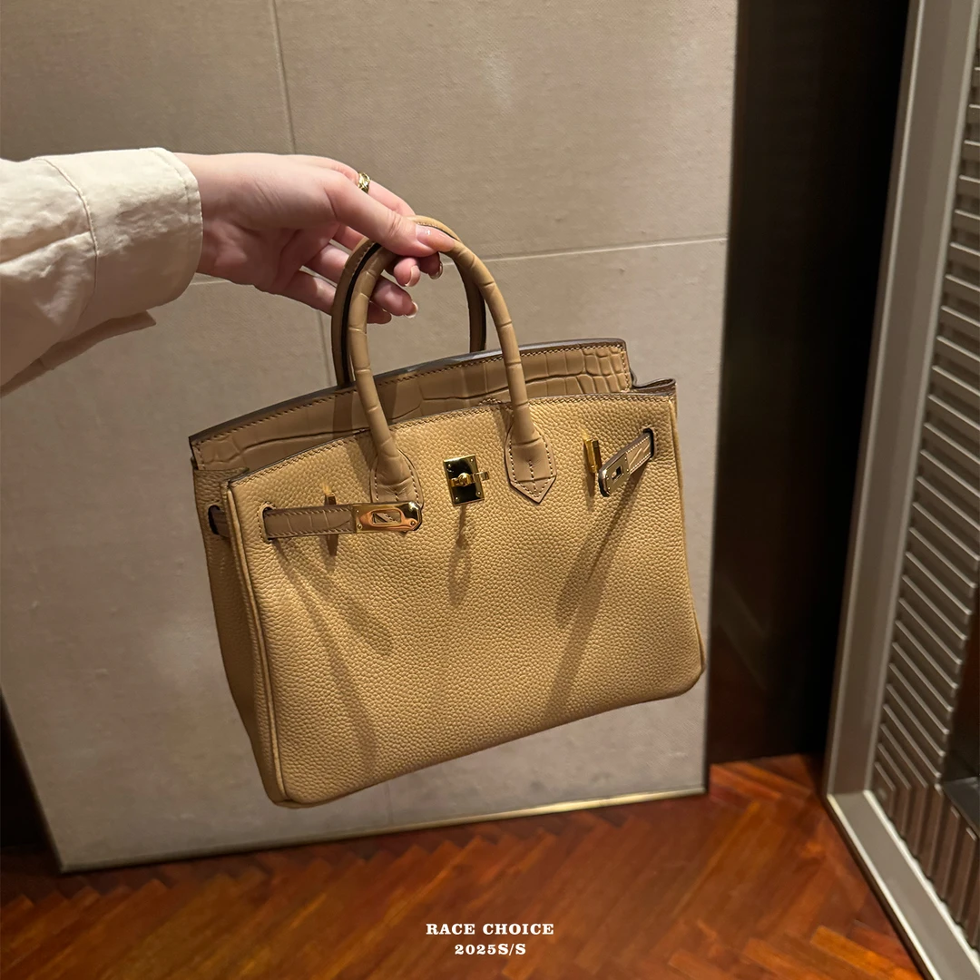 【不睡觉商店】"雾面鳄鱼纹拼togo牛皮"铂金包通勤手提/奶茶色touch