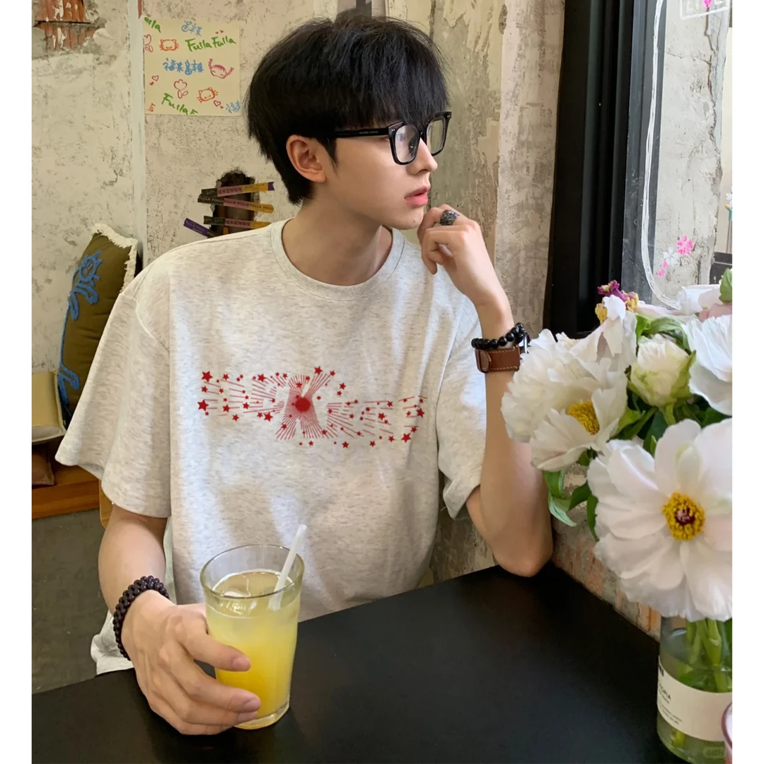 100%纯棉美式个性潮牌星星字母印花短袖T恤夏季男女休闲情侣上衣