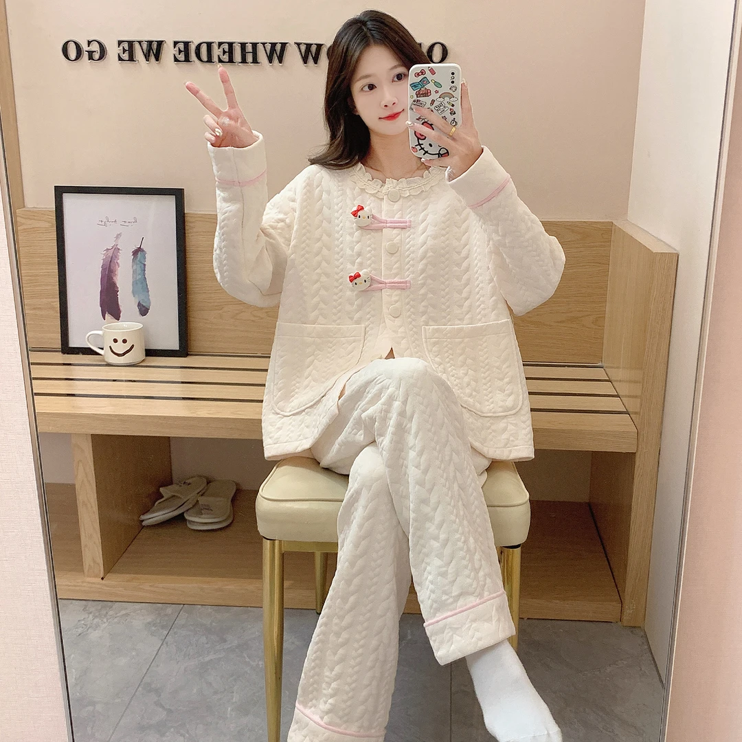 空气棉睡衣女秋冬季加厚保暖夹层长袖长裤甜美韩版女士家居服套装