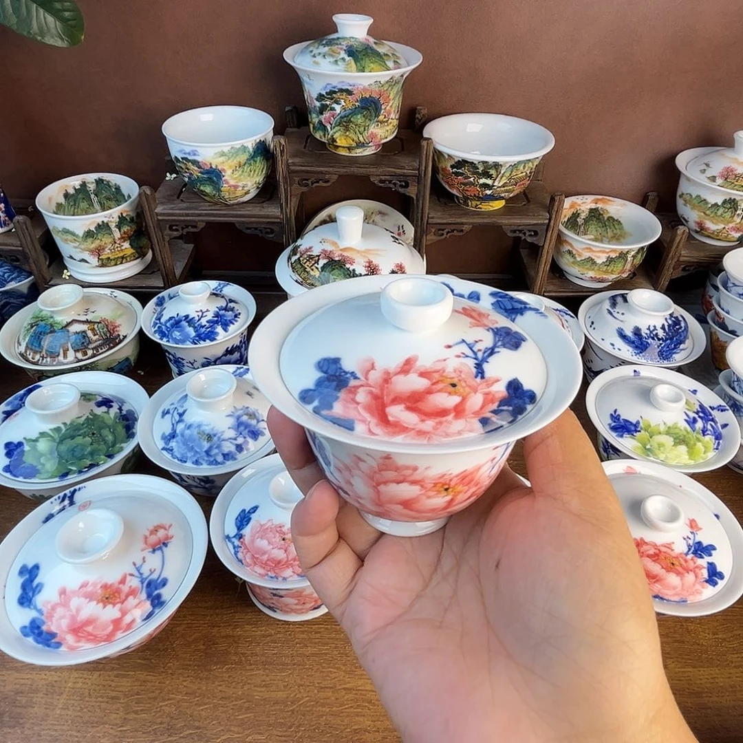 忠意堂釉下彩红牡丹盖碗