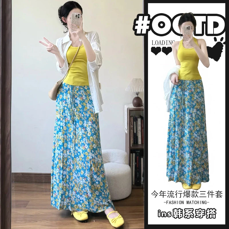 欧美纯欲显气质三件套装法式气质碎花半身裙辣妹修身背心防晒开衫