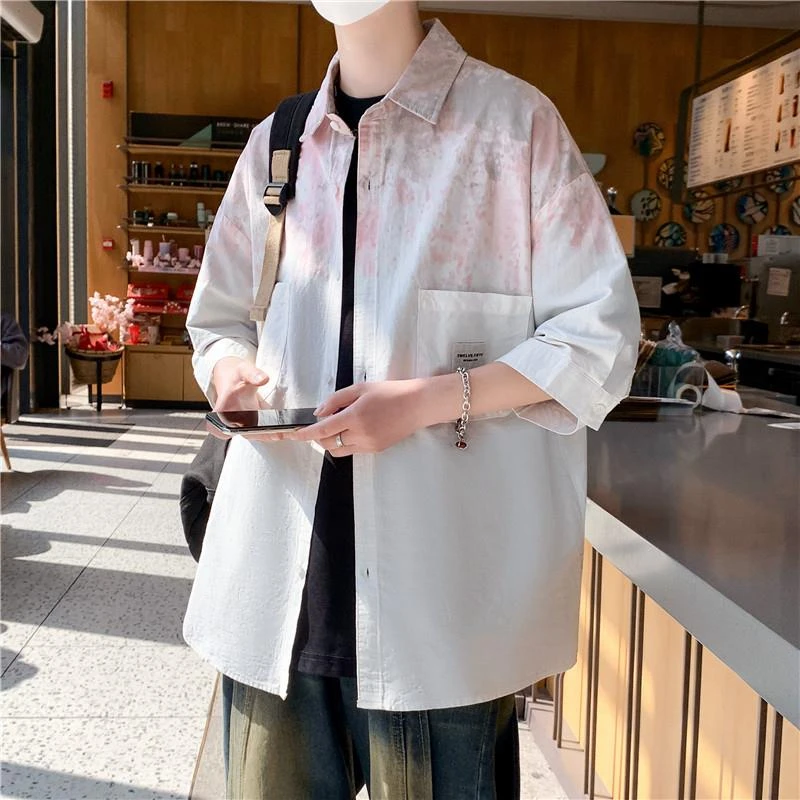 FAVMARTHA渐变短袖衬衫男2025夏季新款设计感小众休闲纯棉衬衣痞