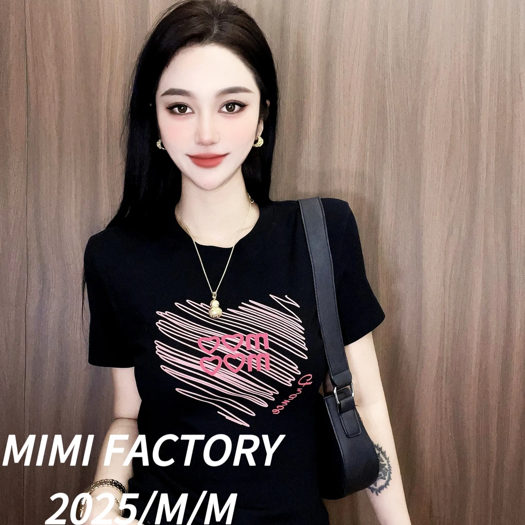 芈芈 2025新款短袖 爱心字母短袖T恤女时尚修身显瘦上衣 2110#