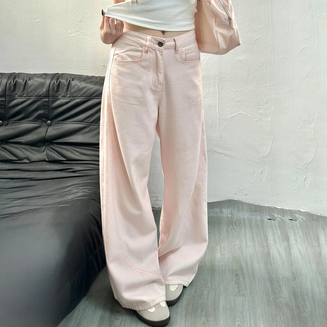 韩系松弛感高腰宽松阔腿牛仔裤女早秋大码梨形身材遮胯显瘦直筒裤