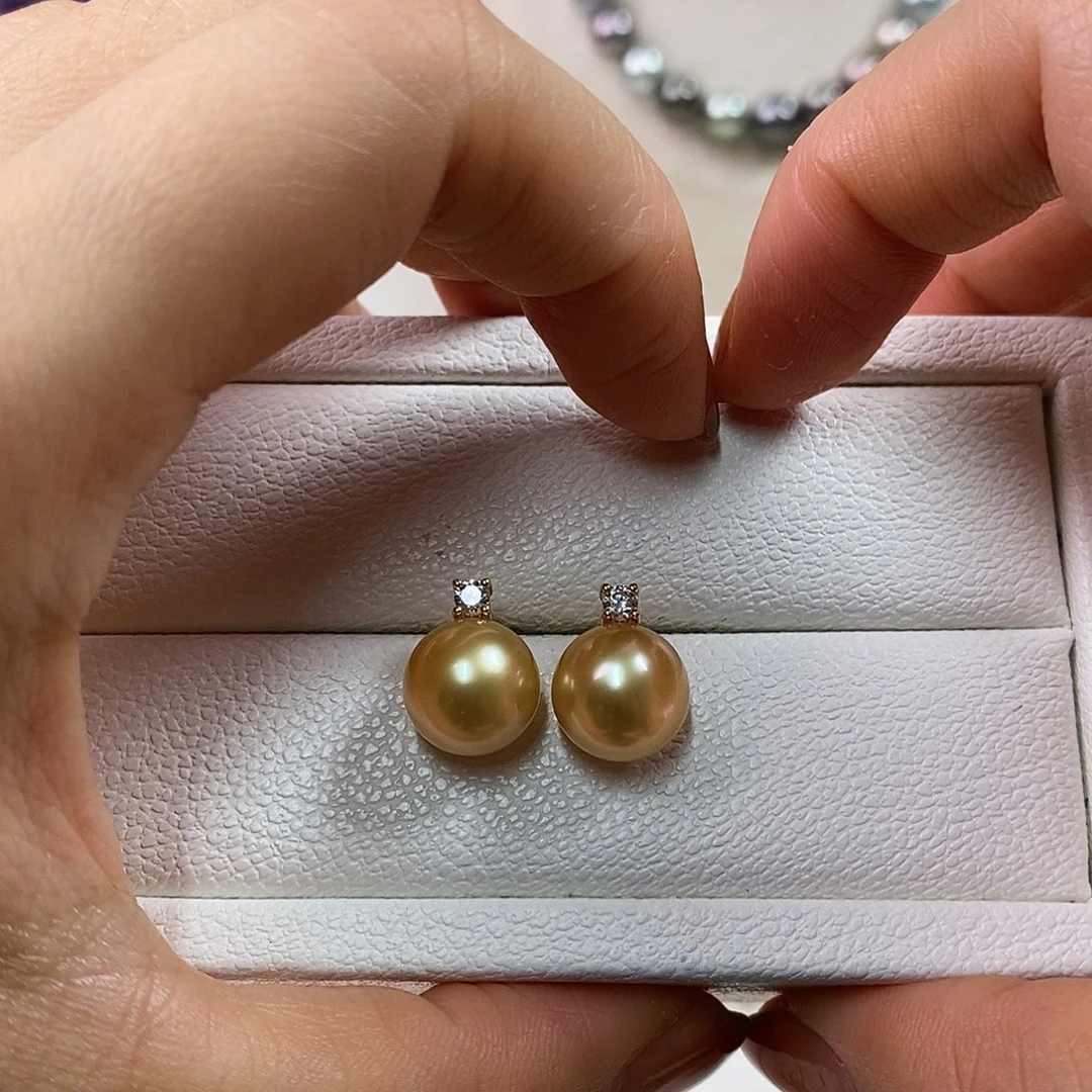 耳饰海水珍珠18K金镶嵌10.6m南洋浓金珠耳环（茶金品质）