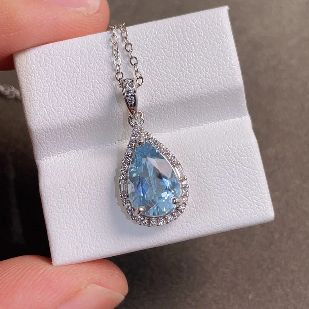 海蓝宝石颈饰银S925镀金镶嵌圣玛利亚海蓝宝吊坠