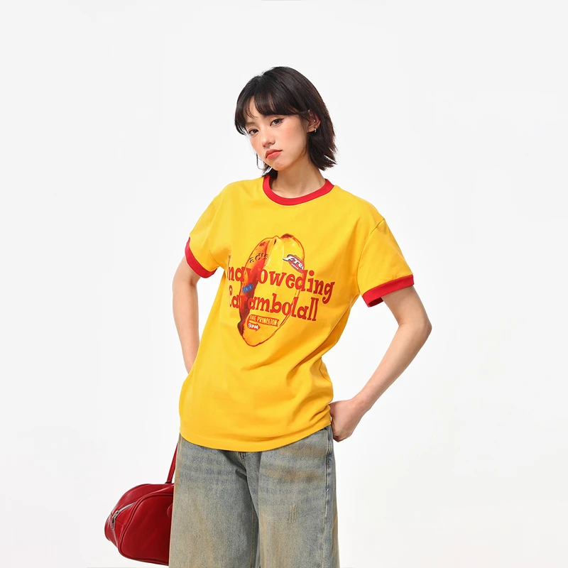 野生阿子美式复古撞色圆领正肩T恤女boxy版型潮流印花姜黄色短袖