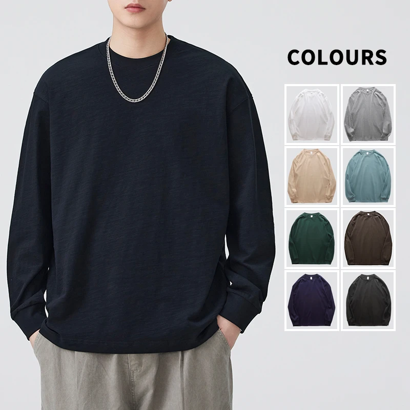 300G重磅纯棉白色打底衫男春秋新款休闲百搭圆领长袖T恤青少年