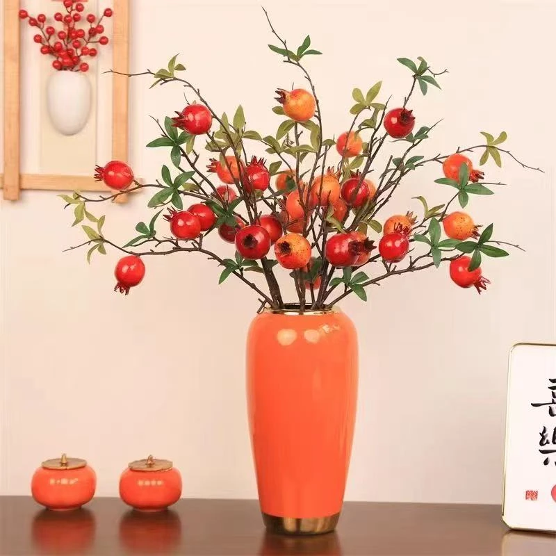中式仿真花柿子假花绢花摆件客厅餐桌摆设装饰果树枝花艺花束果实