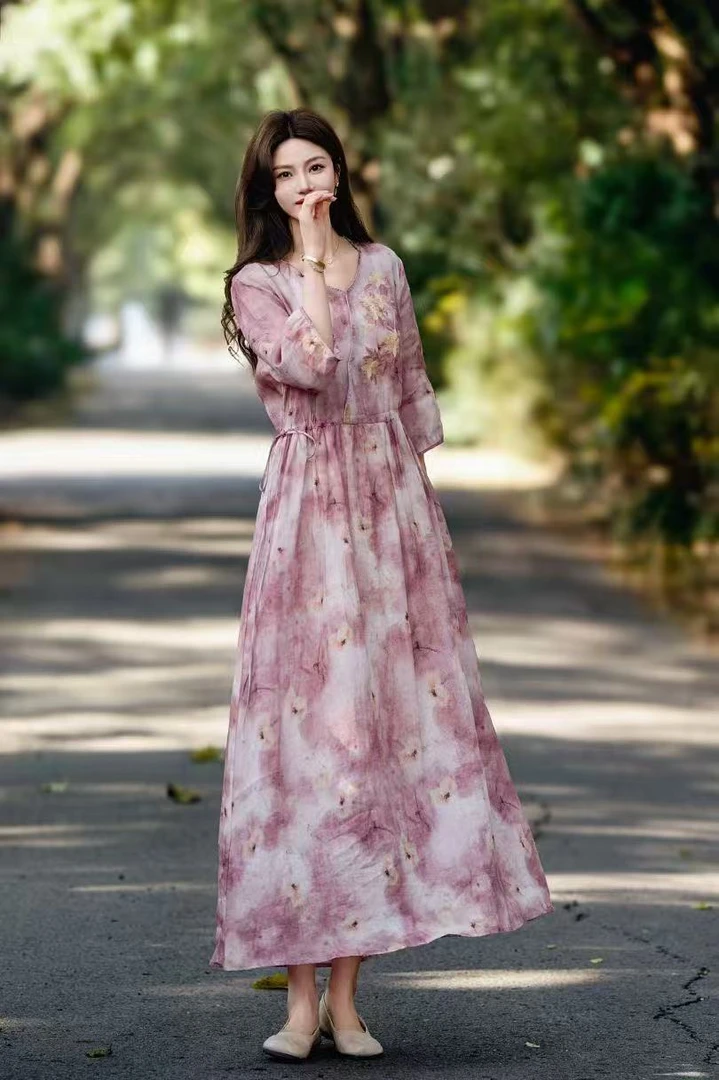 【粉紫】裙长118cm圆领显瘦重工刺绣七分袖苎麻连衣裙女JS 8656