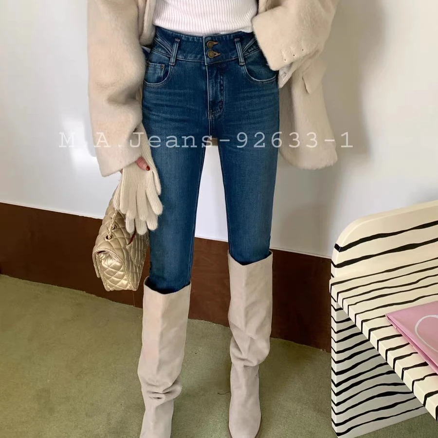 MA高腰显瘦紧身小脚牛仔裤女弹力靴裤冬新款加绒九分铅笔裤92633