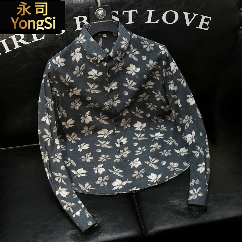 花色长袖衬衫男士青年修身韩版大码休闲男装个性碎花高端衬衣痞帅