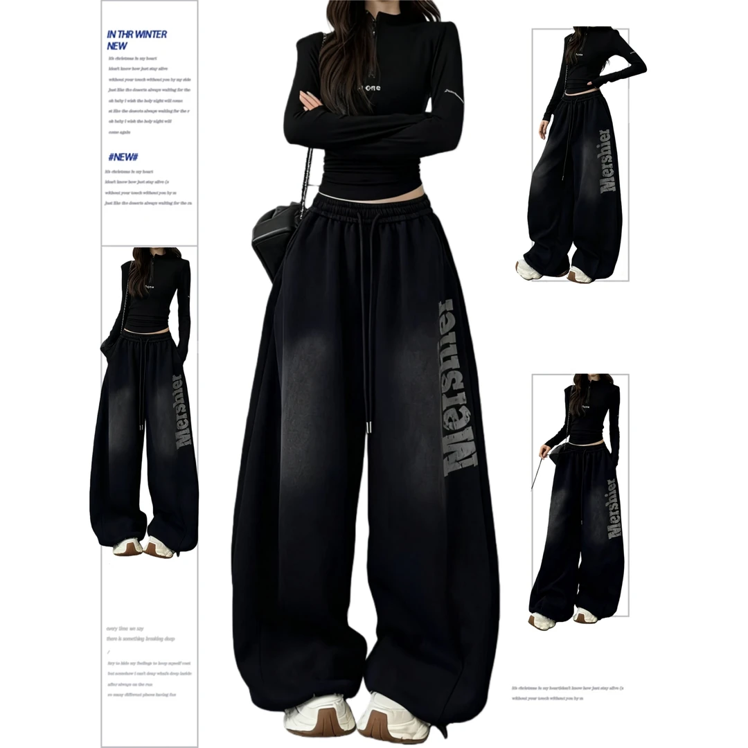 美式复古渐变阔腿裤男女秋冬新款加绒弯刀裤高腰显瘦休闲运动裤