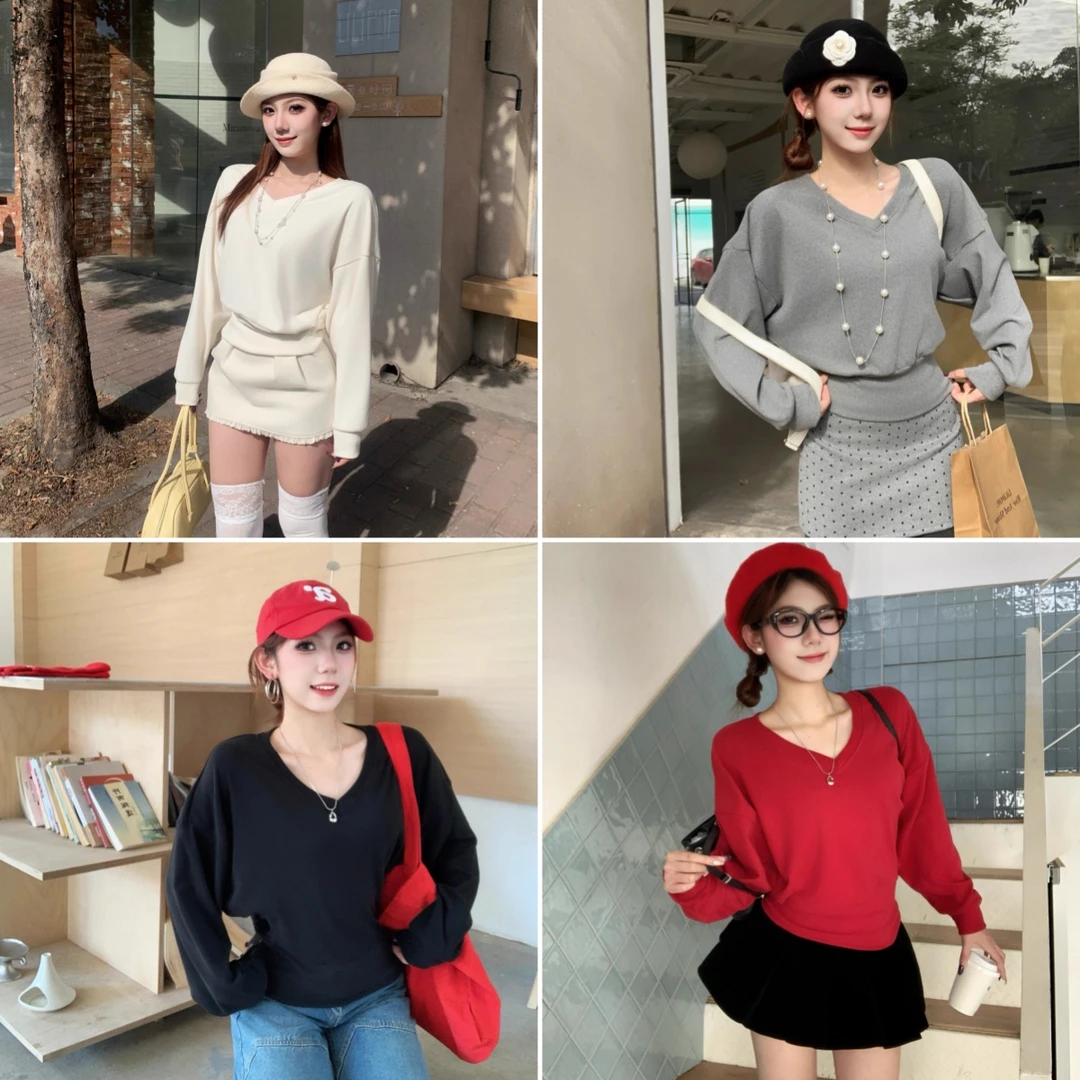 【有运补】宽松慵懒自带收口收腰显瘦V领蝙蝠袖长袖女上衣t恤T80002