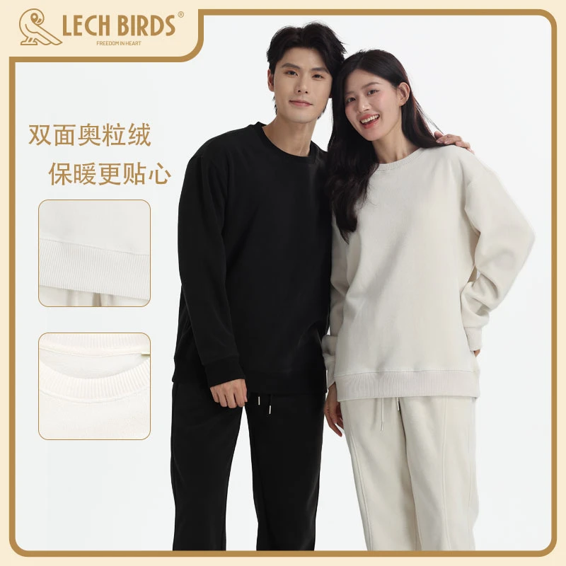 LECH BIRDS乐贵鸟秋冬男女奥粒绒重磅长袖套头加绒圆领卫衣-H5