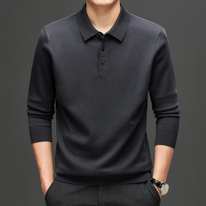 高端四平针精纺羊毛衫男100纯羊毛长袖翻领T恤polo衫不起球可机洗