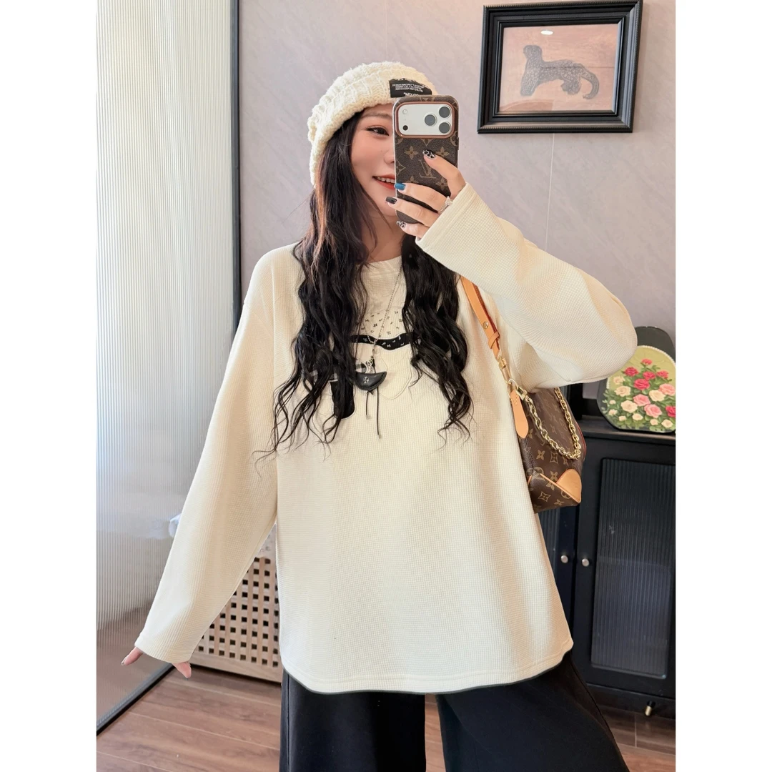 花契“冈山雪晨”大码女装冬季宽松200斤胖mm蘑菇贴布绣T恤16261-H