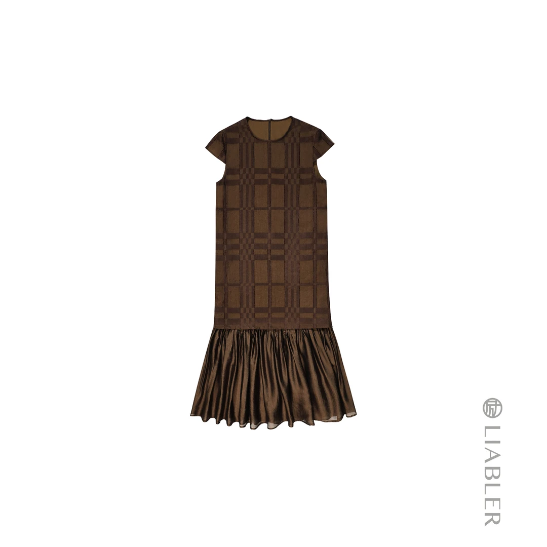 LIABLER/励 M25春夏复古格子网纱拼接圆领连衣裙 LSS25313D