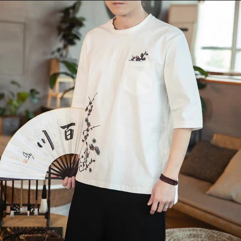 25A1A5中国风棉麻弹力短袖t恤男夏季重工刺绣上衣服宽松复古半袖