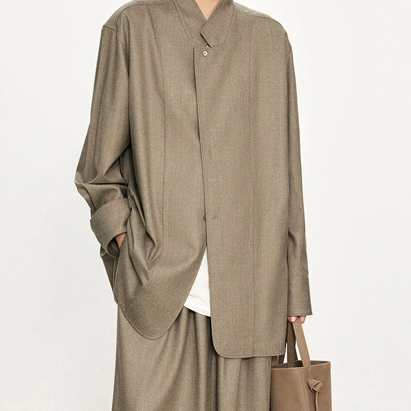 现货CHIC意大利纯法兰绒+匹马棉府绸 两穿立领廓形衬衫外套宽松